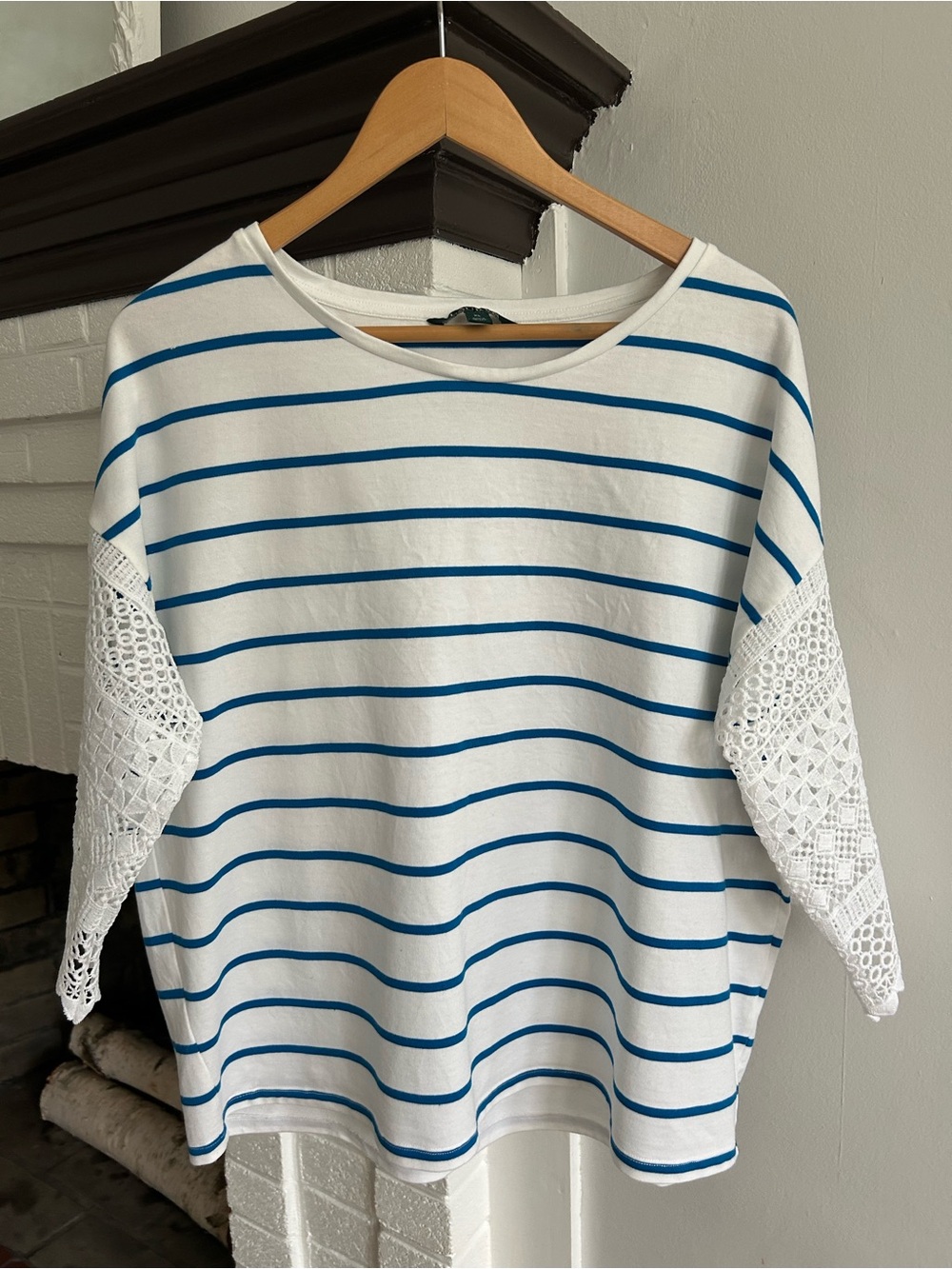 Ralph Lauren White Top with Blue Stripes and Crochet Sleeves